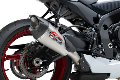 YOSHIMURA Street AT2 stainless steel exhaust with carbon fiber end cap for motorcycles, showing the sleek design and brand logo.