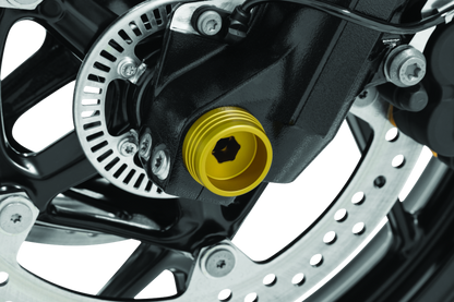 Kuryakyn Lodestar Front Axle Slider in gold for BMW R1200R, F800R, R Nine T, and R1200RS motorcycle front axle protection