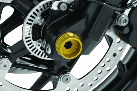 Kuryakyn Lodestar Front Axle Slider in gold for BMW R1200R, F800R, R Nine T, and R1200RS motorcycle front axle protection