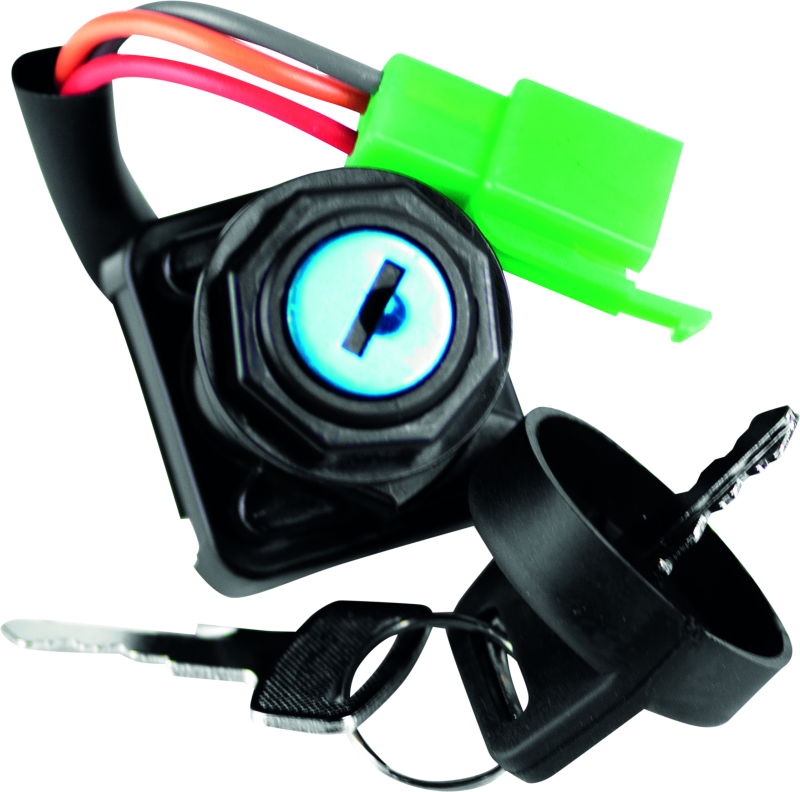 QuadBoss 403260 ignition switch for Arctic Cat ATV 98-00 with factory harness and two keys, showing the switch and wiring.