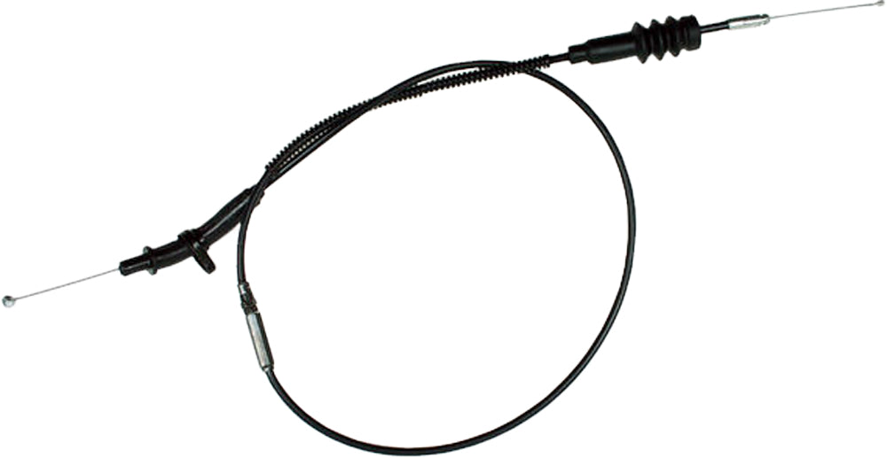 Black vinyl motorcycle throttle cable by Motion Pro with control mechanism, designed for smooth throttle operation.