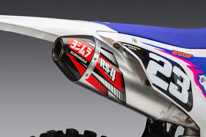 YOSHIMURA RS-4 Slip-On Exhaust for Yamaha YZ250F motorcycle, showing the sleek stainless steel muffler with YOSHIMURA branding.