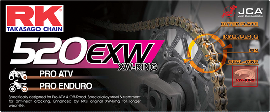 RK EXCEL gold 520 X 120 drive chain for racing and endurance, shown in a close-up image highlighting the chain's links and gold finish.