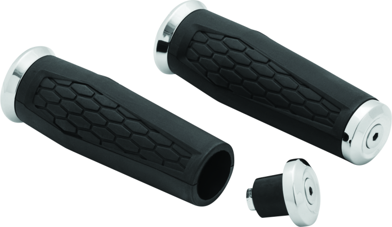Chrome Kuryakyn Hex Grips for 1-inch universal handlebars, ergonomic design for powersports motorcycles and bikes.