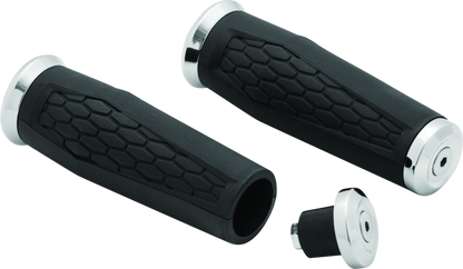 Chrome Kuryakyn Hex Grips for 1-inch universal handlebars, ergonomic design for powersports motorcycles and bikes.