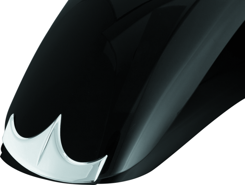 Kuryakyn chrome front fender tip for Indian motorcycles, part #7344, showing the shiny, curved metal accessory attached to the motorcycle fender.