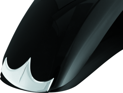Kuryakyn chrome front fender tip for Indian motorcycles, part #7344, showing the shiny, curved metal accessory attached to the motorcycle fender.
