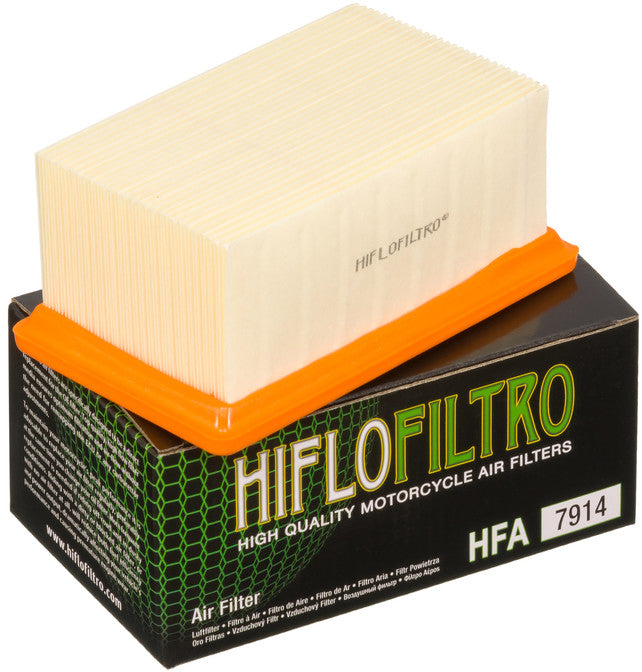 Hiflofiltro HFA7914 air filter for high-performance engines, showing a clean, cylindrical engine air filter with branded labeling.