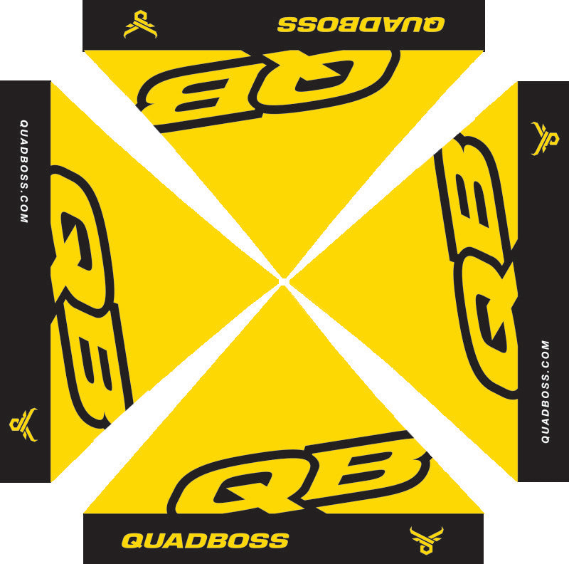 QuadBoss canopy with sturdy frame, fire- and UV-resistant material for powersports vehicles, providing durable outdoor protection.