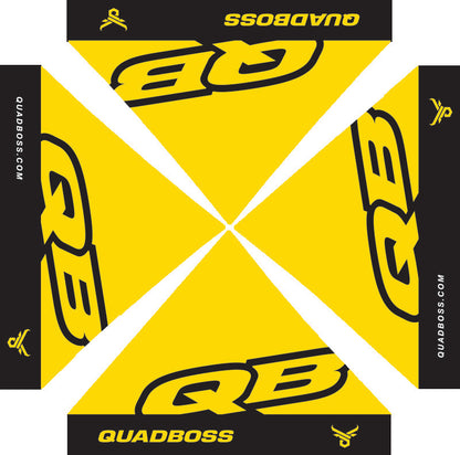 QuadBoss canopy with sturdy frame, fire- and UV-resistant material for powersports vehicles, providing durable outdoor protection.