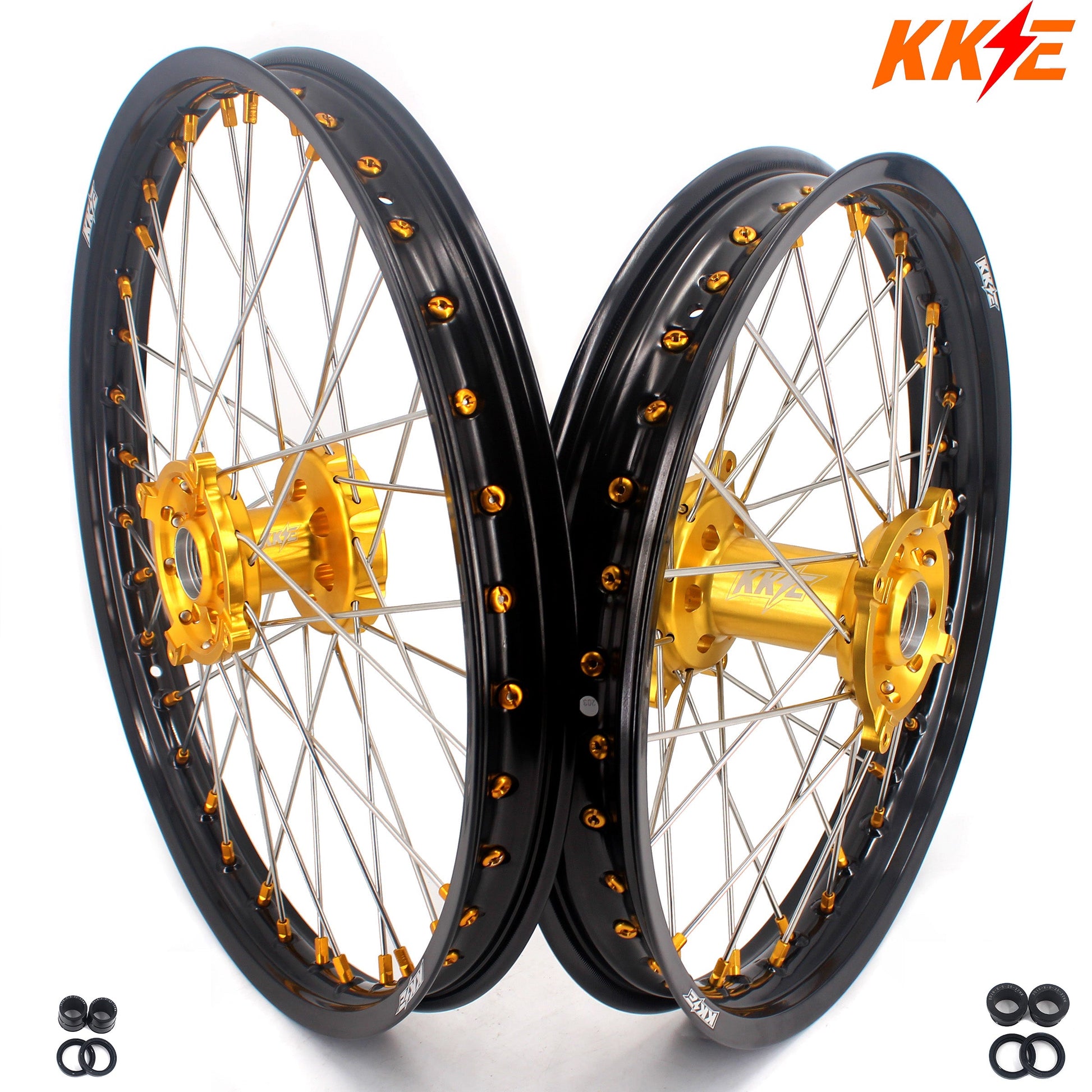 KKE 21 & 19 MX Rims for Suzuki RMZ250 2007-2024 RMZ450 2005-2024 Gold Nipple - Howling Moto