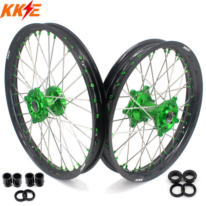 KKE 1.6*21 & 2.15*19 Wheels Rims Fit Kawasaki KX450 2019-2024 KX450X 2021-2024 Green Nipples - Howling Moto