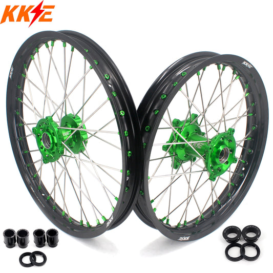KKE 1.6*21 & 2.15*19 Wheels Rims Fit Kawasaki KX450 2019-2024 KX450X 2021-2024 Green Nipples - Howling Moto