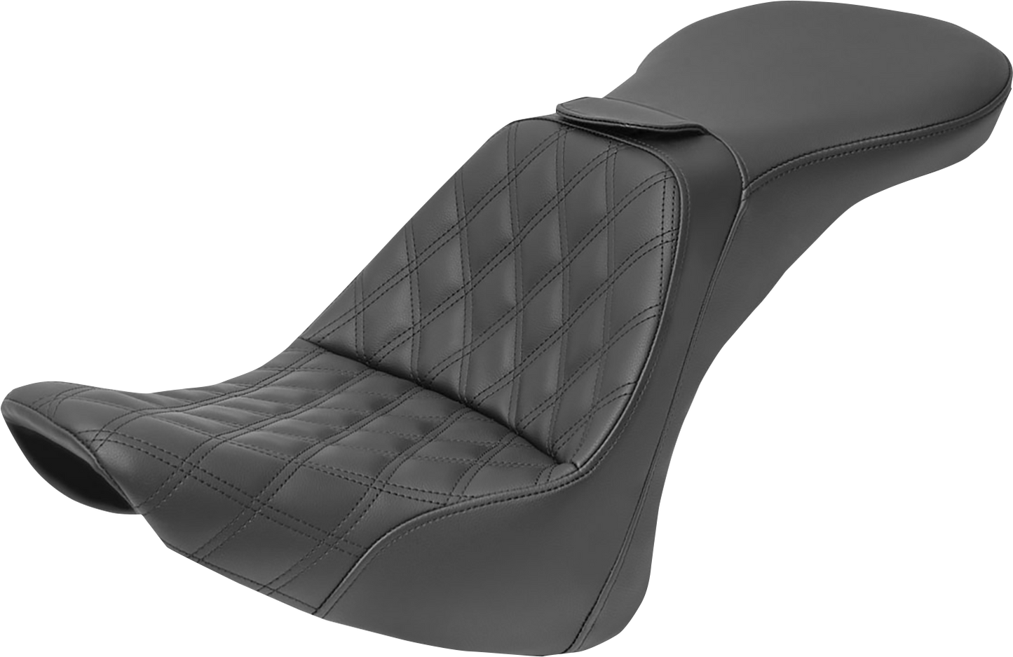 Black SADDLEMEN Explorer Seat with backrest and lattice stitching for FLSTN motorcycles, designed for comfort and style.