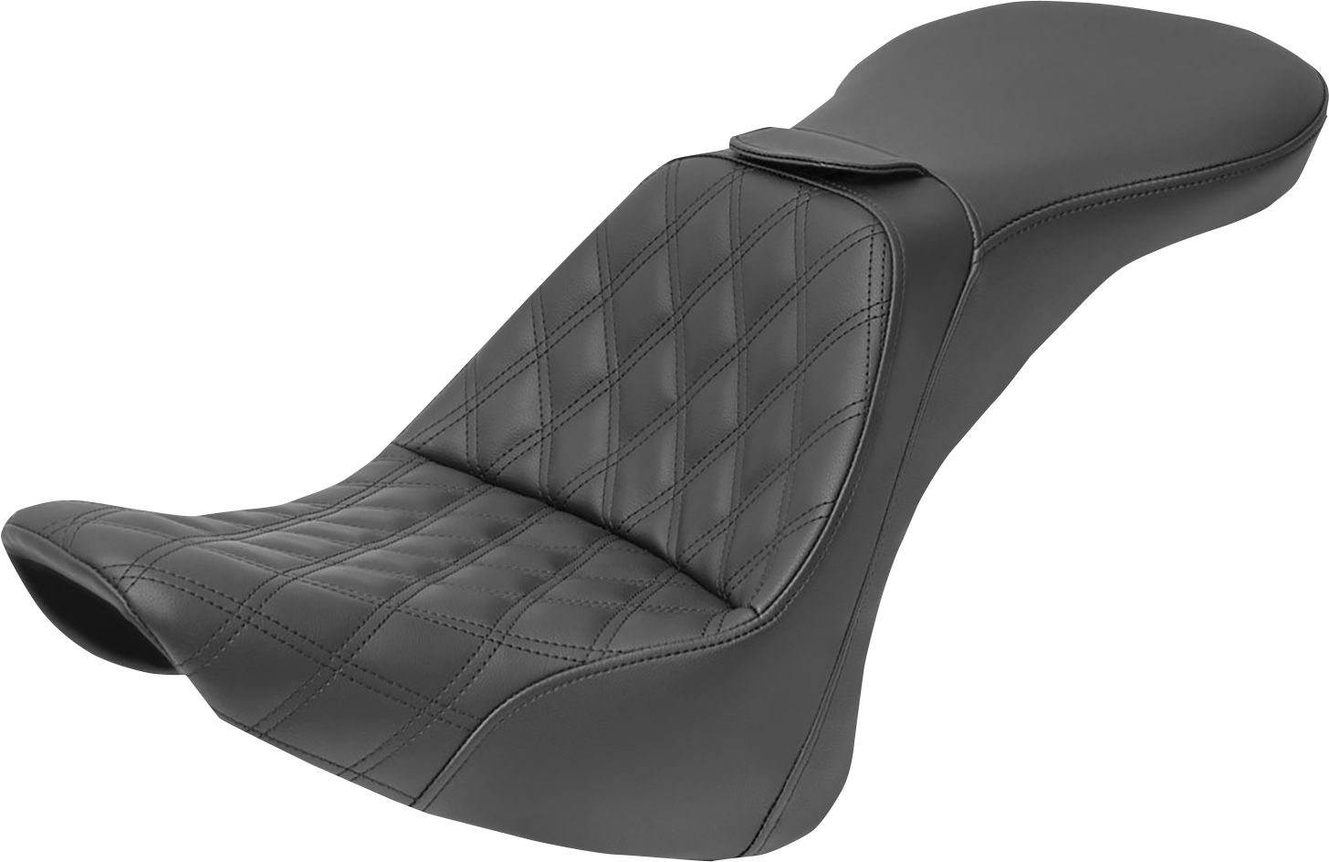 Black SADDLEMEN Explorer Seat with backrest and lattice stitching for FLSTN motorcycles, designed for comfort and style.