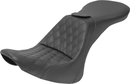 Black SADDLEMEN Explorer Seat with backrest and lattice stitching for FLSTN motorcycles, designed for comfort and style.
