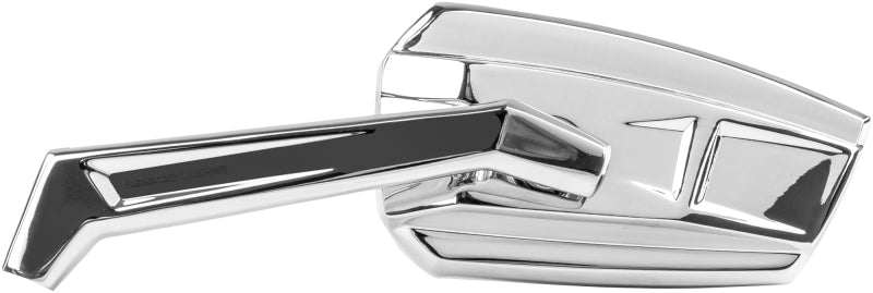 Kuryakyn Enygma chrome motorcycle mirrors with sleek design, part #10010-1, mounted on a motorcycle handlebar.
