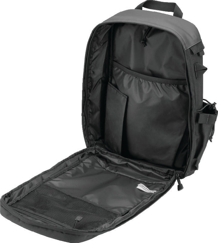 Kuryakyn Momentum Runaway Backpack for powersports and daily commuting, showing the black backpack with adjustable straps and compartments.