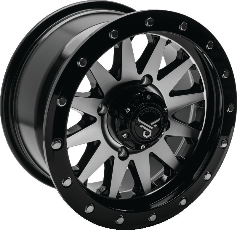 QuadBoss Wagon 14x7 black machined alloy wheel for powersports vehicles, lightweight and durable with 4+3 bolt pattern and 4/156 lug spacing.