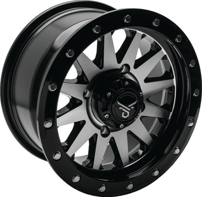 QuadBoss Wagon 14x7 black machined alloy wheel for powersports vehicles, lightweight and durable with 4+3 bolt pattern and 4/156 lug spacing.