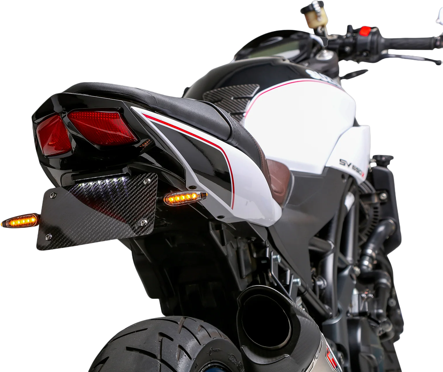 YOSHIMURA V2 Fender Eliminator Kit for Suzuki motorcycles, showing sleek black design and mounting components.