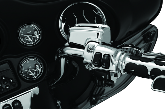 Kuryakyn chrome handlebar control dress-up kit for Harley Davidson Touring models, featuring polished metal accents on handlebar controls.