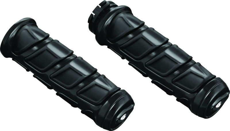 Kuryakyn Kinetic motorcycle grips for Kawasaki and Yamaha, black rubber with textured design, mounted on handlebars.
