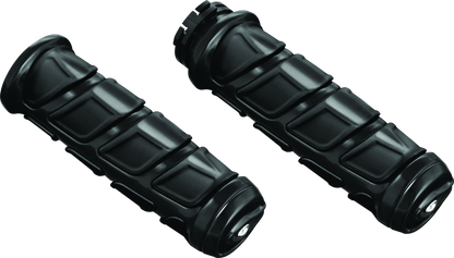 Kuryakyn Kinetic motorcycle grips for Kawasaki and Yamaha, black rubber with textured design, mounted on handlebars.