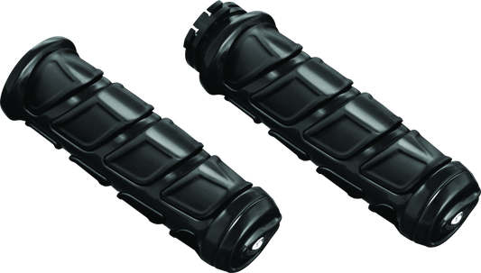 Kuryakyn Kinetic motorcycle grips for Kawasaki and Yamaha, black rubber with textured design, mounted on handlebars.