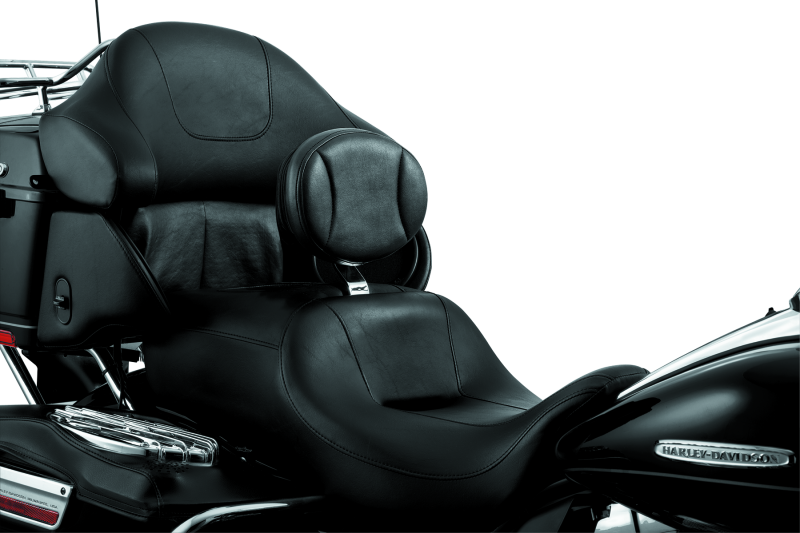 Kuryakyn Plug-In Driver Backrest for Harley Davidson Touring motorcycles, featuring black cushioned support and chrome mounting hardware.