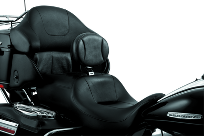 Kuryakyn Plug-In Driver Backrest for Harley Davidson Touring motorcycles, featuring black cushioned support and chrome mounting hardware.