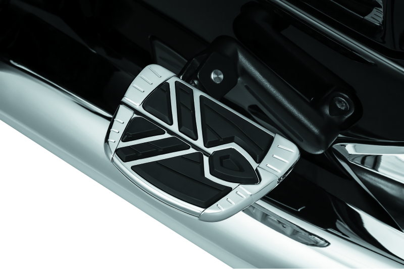 Chrome Kuryakyn Spear Mini Boards without adapter for Indian motorcycles, showing sleek metal foot pegs with detailed design.