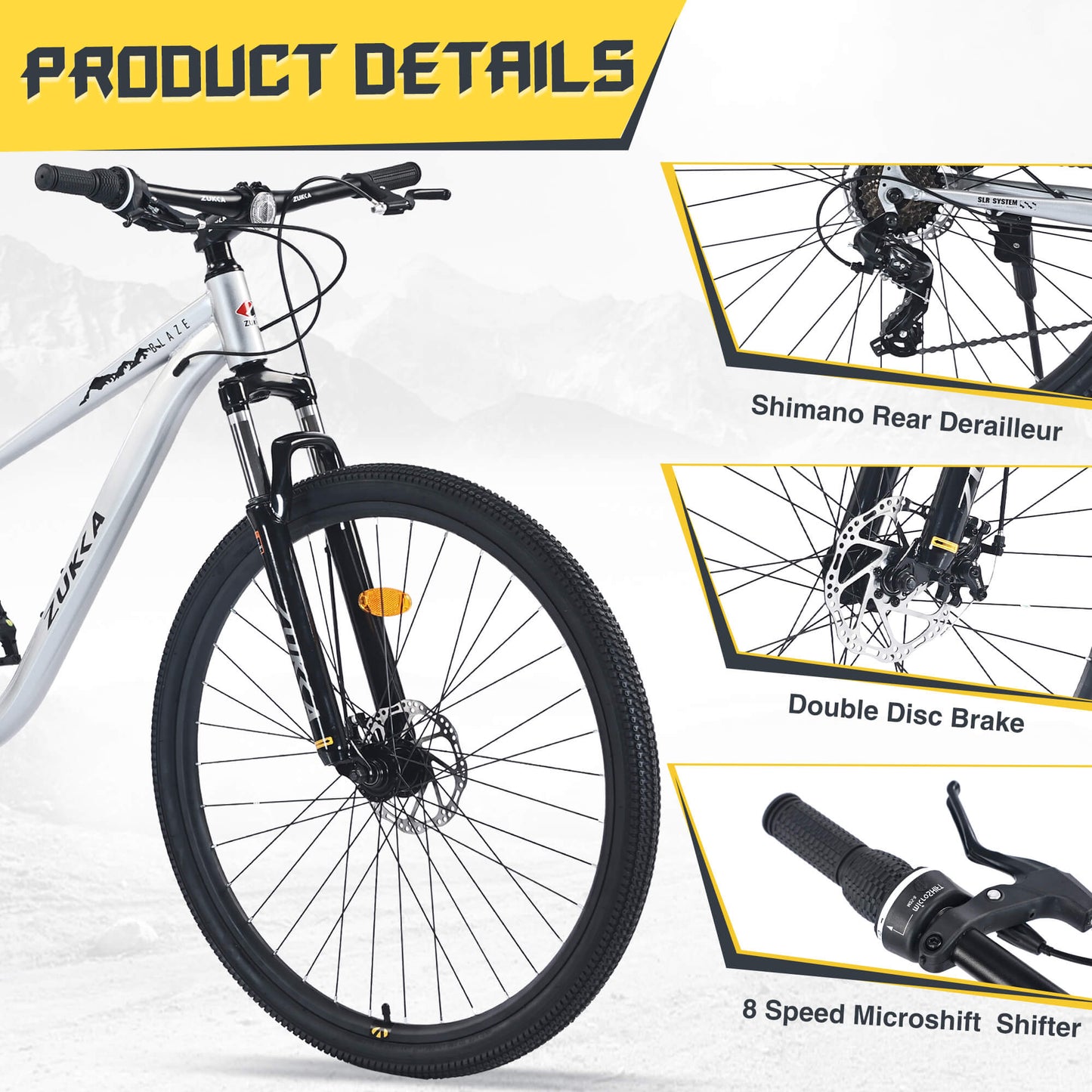 Hycline Zukka Blaze MTB bicycle with 29-inch by 1.95-inch tires, black frame and rugged mountain bike design.