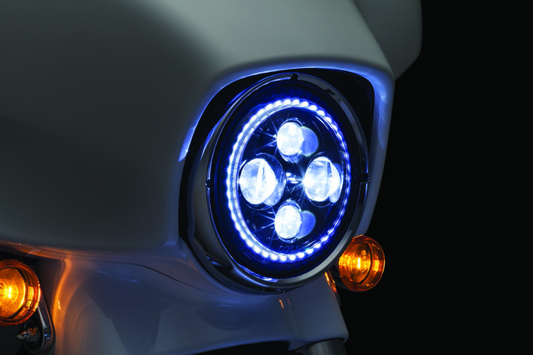 Kuryakyn Orbit Vision 7-inch LED headlight for Harley Davidson Touring models, showcasing the bright, modern motorcycle headlight design.