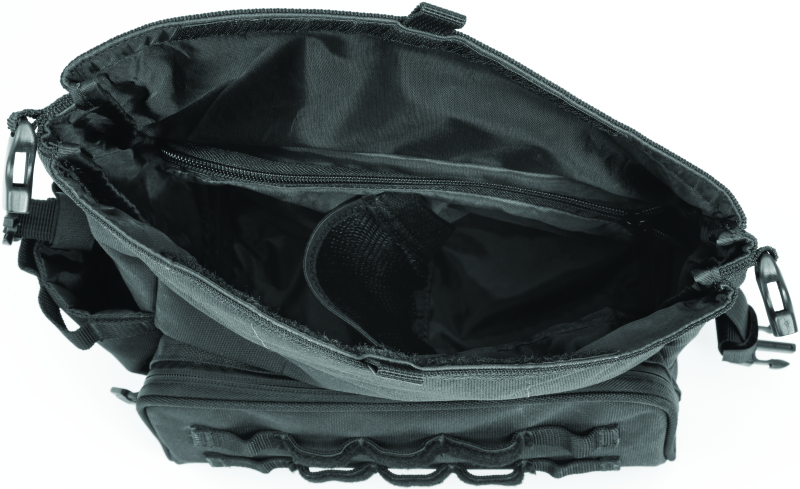 Kuryakyn Hoodrat Universal Swingarm Bag for powersports equipment, shown attached to motorcycle swingarm in black finish.