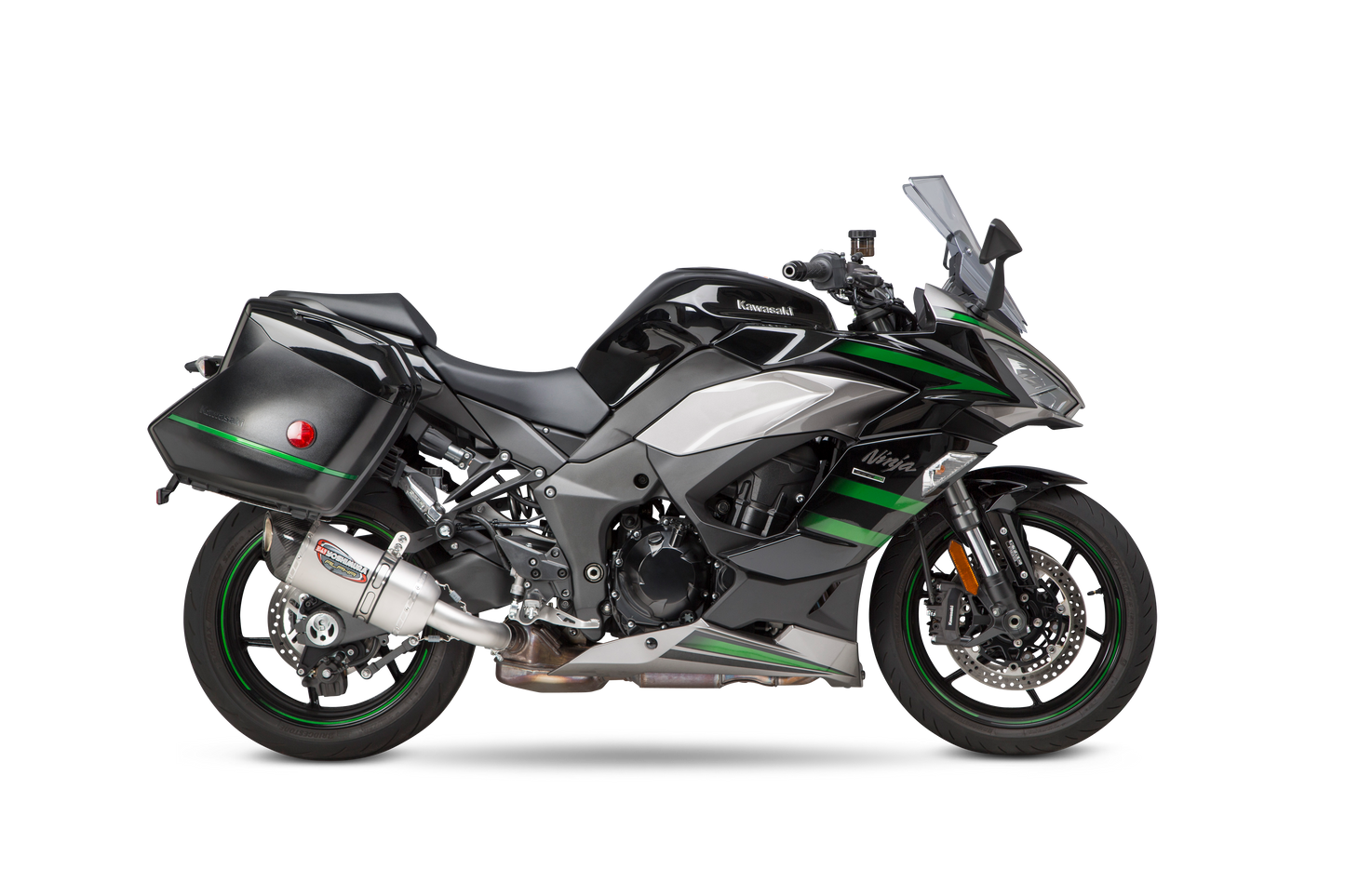 YOSHIMURA RS-12 ADV Street Alpha slip-on exhaust for Kawasaki motorcycle, showing the sleek black and silver design.
