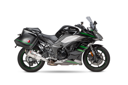 YOSHIMURA RS-12 ADV Street Alpha slip-on exhaust for Kawasaki motorcycle, showing the sleek black and silver design.