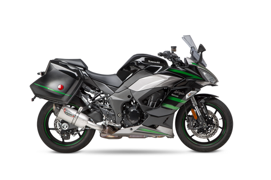 YOSHIMURA RS-12 ADV Street Alpha slip-on exhaust for Kawasaki motorcycle, showing the sleek black and silver design.