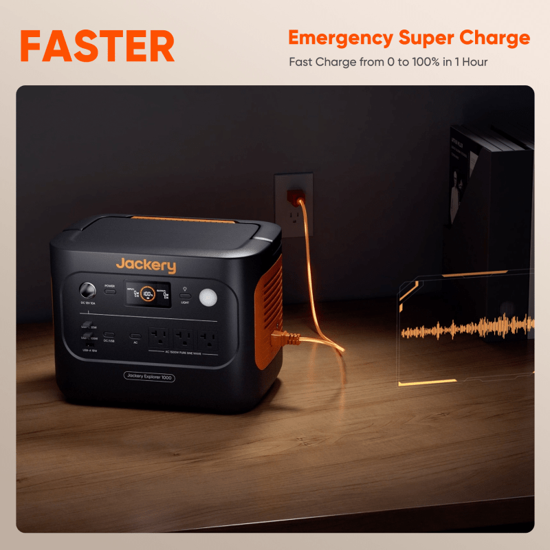 Jackery Explorer 1000 portable power station with multiple outlets and digital display, designed for outdoor and emergency use