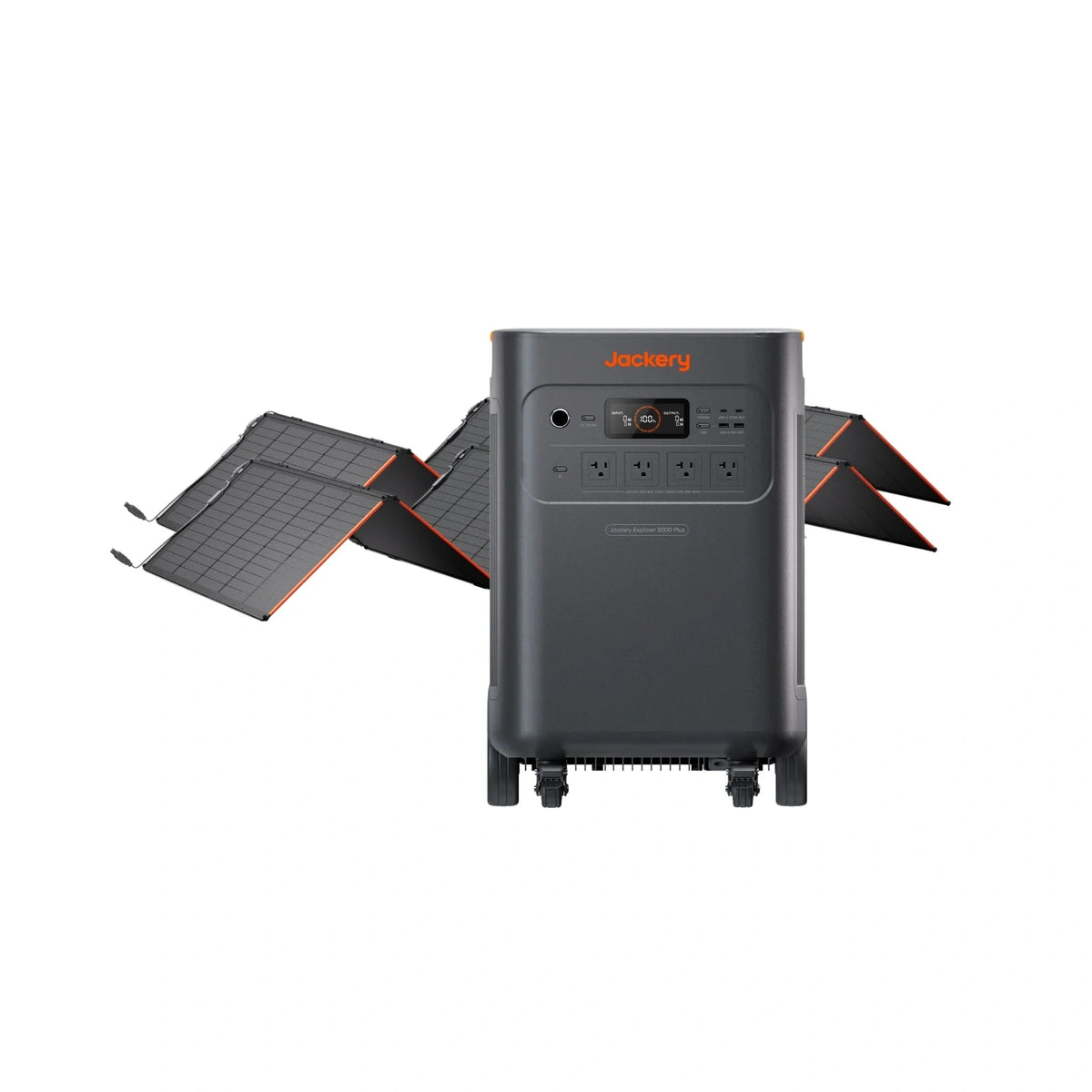 Jackery Explorer 5000 Plus portable power station with multiple outlets and digital display, designed for outdoor and emergency use.