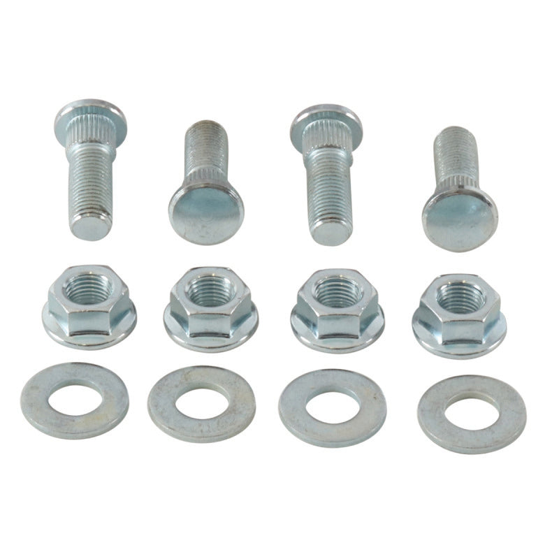 QuadBoss front wheel stud and nut kit for Polaris Ranger 500, shown installed on wheel assembly in close-up view.