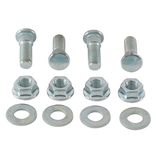 QuadBoss front wheel stud and nut kit for Polaris Ranger 500, shown installed on wheel assembly in close-up view.