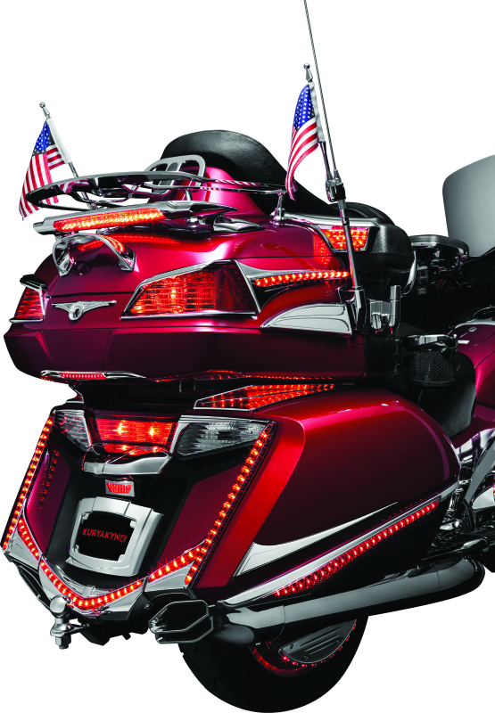 Kuryakyn LED lighted trunk lid handle for Honda Gold Wing GL1800 2001-2005, showing the illuminated handle on the motorcycle trunk