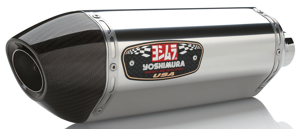 YOSHIMURA R-77 Race motorcycle exhaust system with stainless steel and carbon fiber components, shown installed on a motorcycle.