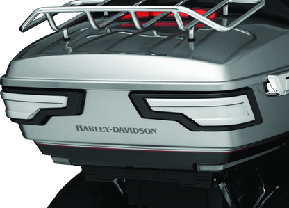 Kuryakyn Tracer Tour Pak rear lights with black smoke lens on motorcycle, showcasing sleek LED design and dark tinted cover.