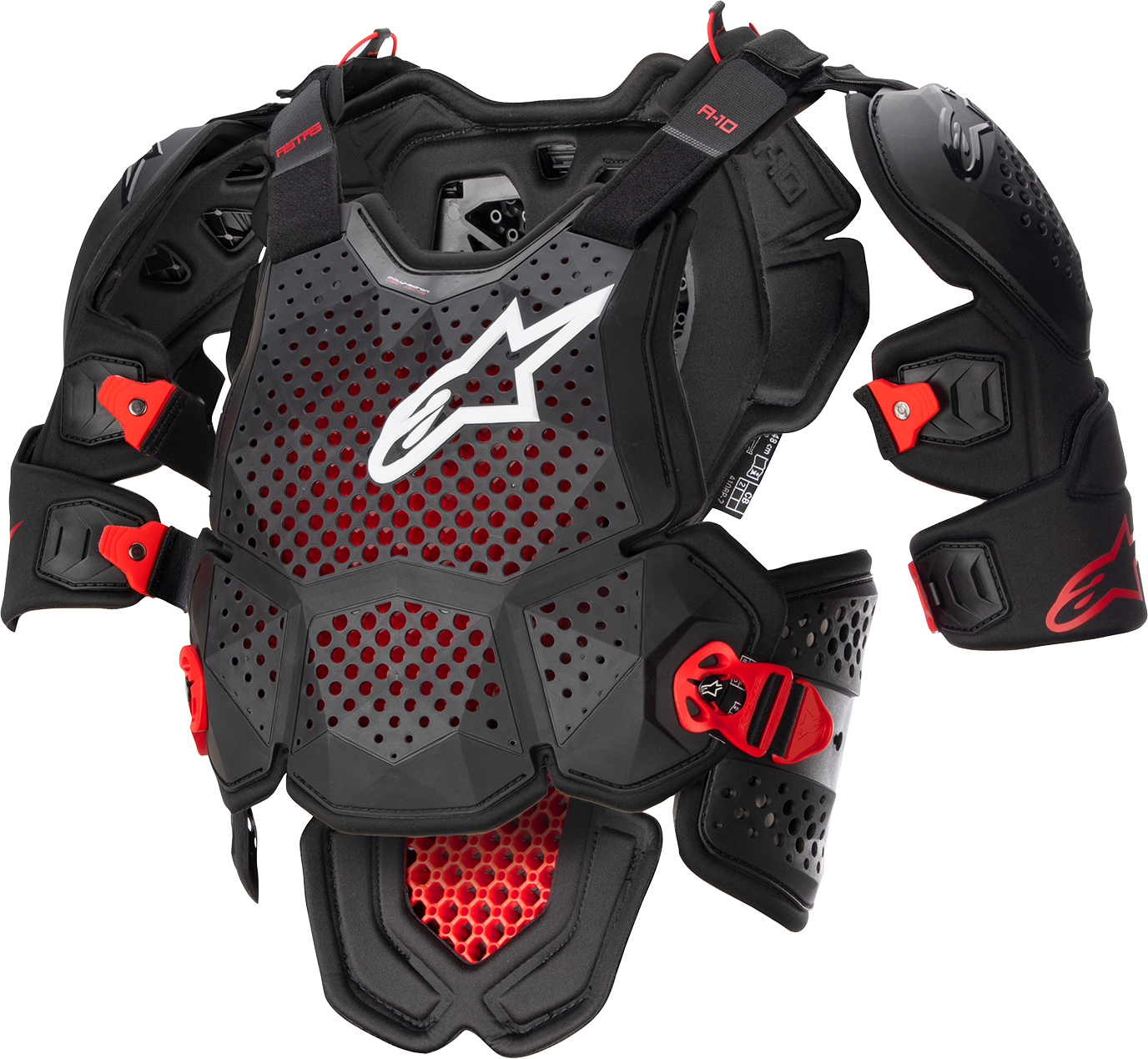 Alpinestars A-10 Roost Guard V2 protective gear in black and red, XS/S size, designed for motorcycle safety.