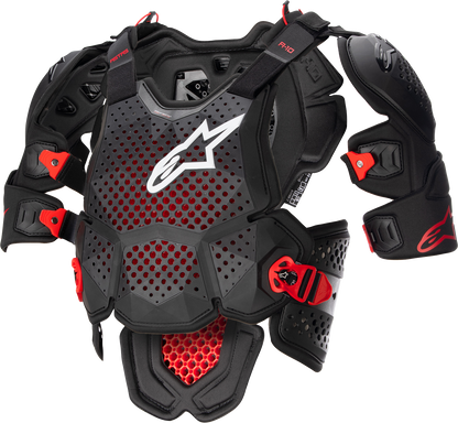 Alpinestars A-10 Roost Guard V2 protective gear in black and red, XS/S size, designed for motorcycle safety.