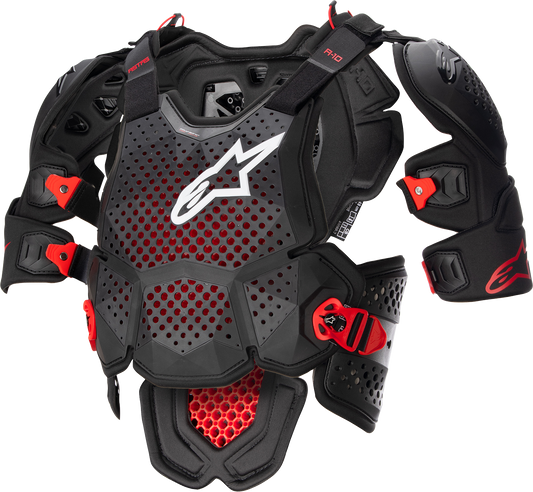 Alpinestars A-10 Roost Guard V2 protective gear in black and red, XS/S size, designed for motorcycle safety.