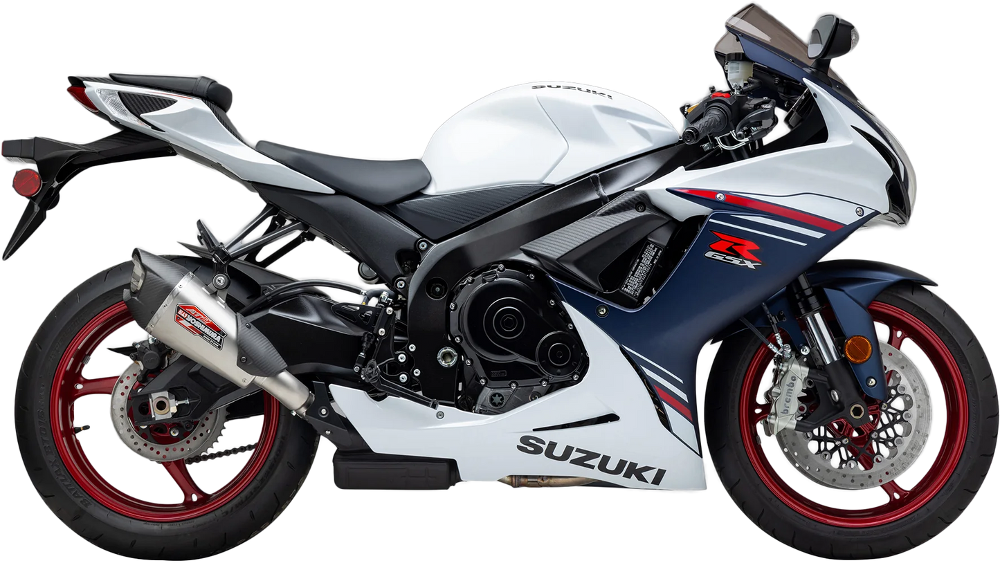 YOSHIMURA Street AT2 stainless steel exhaust with carbon fiber end cap for motorcycle, showcasing the sleek design and polished finish.
