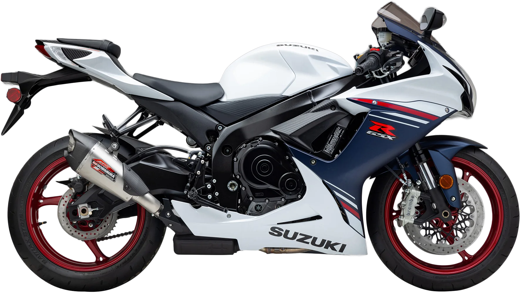 YOSHIMURA Street AT2 stainless steel exhaust with carbon fiber end cap for motorcycle, showcasing the sleek design and polished finish.